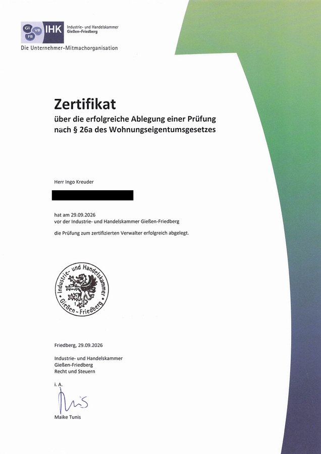 Zertifikat der IHK Gießen-Friedberg über die Prüfung zum zertifizierten Verwalter nach § 26a WEG für Ingo Kreuder